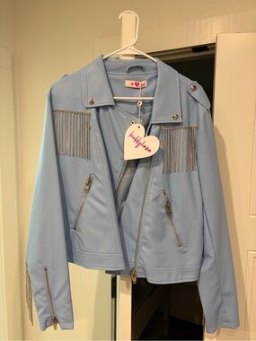 Buddy Love Light Blue Rhinestone Fringe Faux Leather Jacket